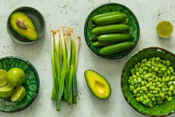 Fresh green fruit and vegetables