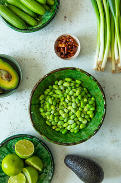 Fresh green fruit and vegetables and dried chillis