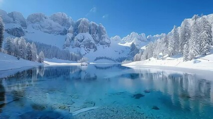 Winter wonderland alpine lake.  Frozen landscape