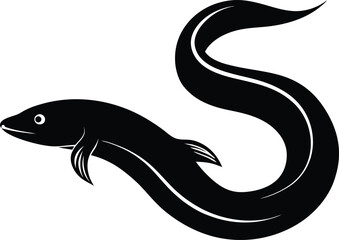Eel fish silhouette art vector style illustration, Black silhouette an eel like fish with a curved vector