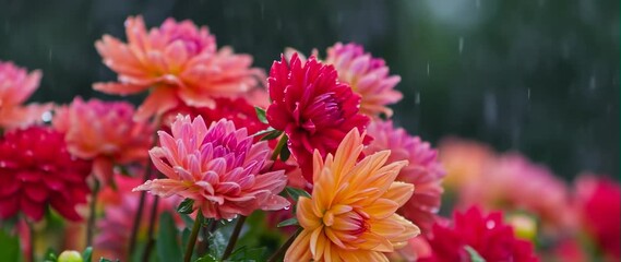 Anamorphic video Raindrops falling on dahlia flower - Powered by Adobe