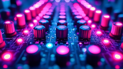 Illuminated Audio Mixer Control Panel with Vibrant Neon Lights and Detailed Knobs