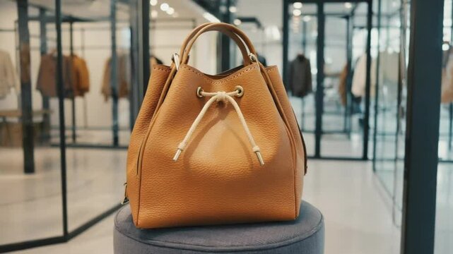 Tan Leather Bucket Handbag Close-Up