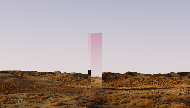 Mysterious Mirror Monolith in a Desert Landscape