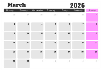 2026 monthly desk calendar template, The week start on monday, EPS file vector