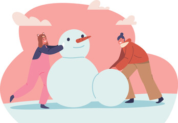 Kids modeling snowman from snowballs