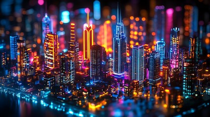 Futuristic Urban Landscape with Vibrant Neon Lights Reflecting on Water