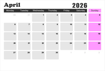 2026 monthly desk calendar template, The week start on monday, EPS file vector