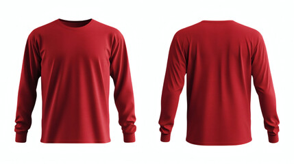 Plain red long sleeve casual t-shirt 3D mockup with a rubbed hand, showcasing front and back views for apparel design on white background.