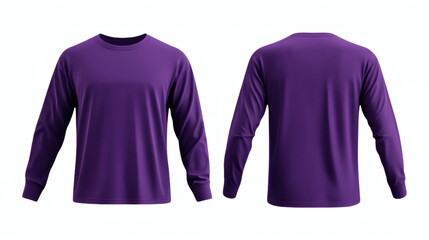 Plain hot purple long sleeve casual t-shirt 3D mockup with a rubbed hand, showcasing front and back views for apparel design on white background.