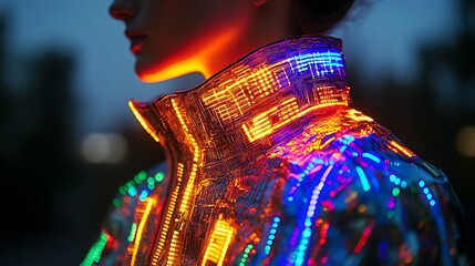 Futuristic fashion featuring a glowing, circuitry-inspired iridescent jacket