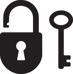 Unlocked padlock with key silhouette icon, symbol vector art illustration.