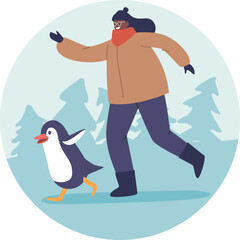 Girl child running with penguin