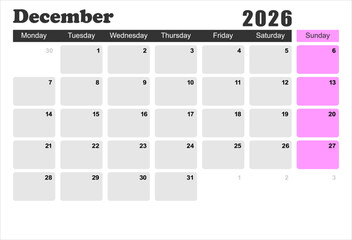 2026 monthly desk calendar template, The week start on monday, EPS file vector