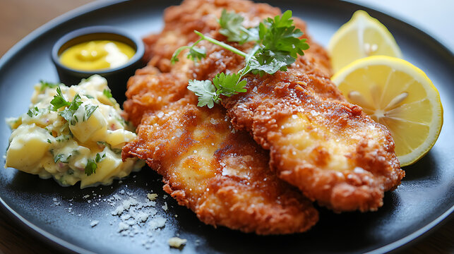 Crispy Fried Fish Served with Potato Salad and Lemon Wedges