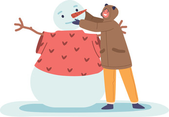 Happy girl child making snowman