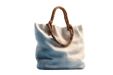 Stylish beige tote bag with rope handles isolated against a transparent background