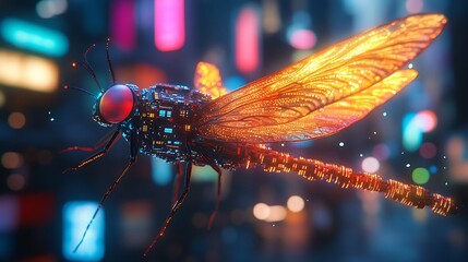 Futuristic Dragonfly with Circuitry Detail on a Neon Cityscape Backdrop