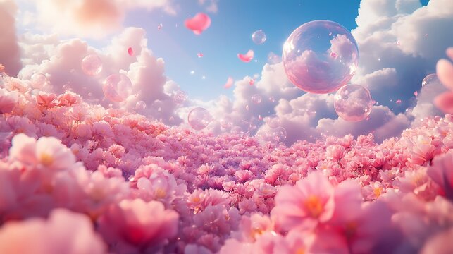 A surreal dream world where clouds float above a vast ocean of blossoms, colorful petals drift upward like bubbles, low angle view through floating flowers.