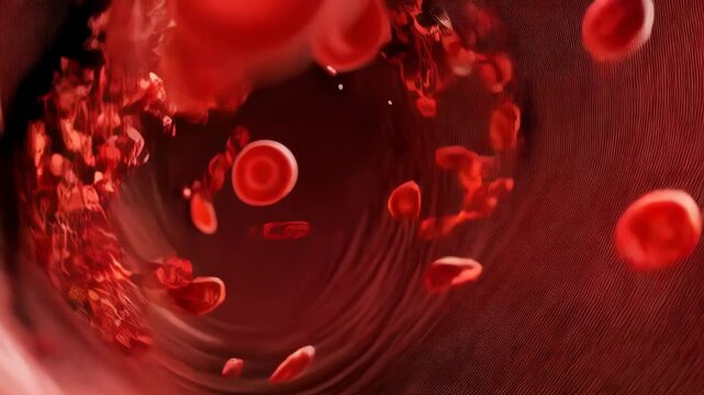 Blood cells and thrombus flowing inside blood vessel, illustration. Red blood cells and platelets aggregation inside vein.