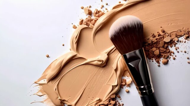 Foundation swatch, crushed bronzer and makeup brush on a white backdrop. Cosmetics for makeup application and beauty concepts.