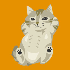 Cute and cozy kitten enjoying a lazy moment. Cartoon flat vector illustration.