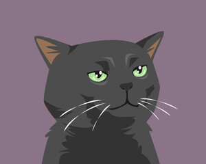 Funny zoning out black cat face with a dazed expression. Cartoon flat vector illustration.