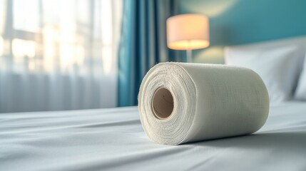 Rolled paper towels rest on a soft bed.