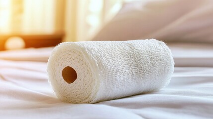 Fototapeta premium Rolled white towel resting on a bed.