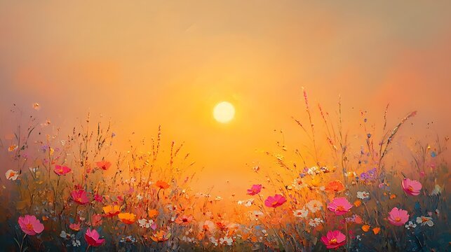 Dreamy romantic landscape painting of wildflowers glowing under a setting sun, viewed from ground level with horizon glowing orange. Soft-focus edges, pastel colors blending.