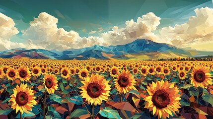 Field of stylized cubist sunflowers with diamond-shaped petals, abstract shadows stretching across segmented earth, low sun lighting. Geometric clouds in the sky.