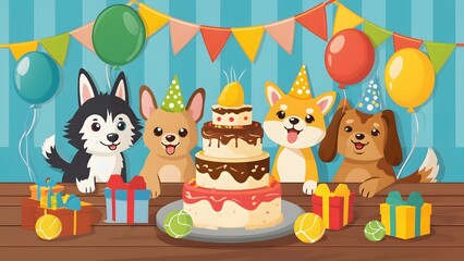 Fototapeta premium Cute dogs celebrating birthday with cake and decorations
