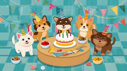 Fototapeta premium Cute dogs celebrating birthday with cake and party decorations