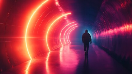 Man walking towards the end of a brightly lit tunnel with a glowing red portal