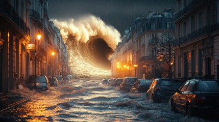 Fototapeta premium Parisian Street Inundated by Giant Wave