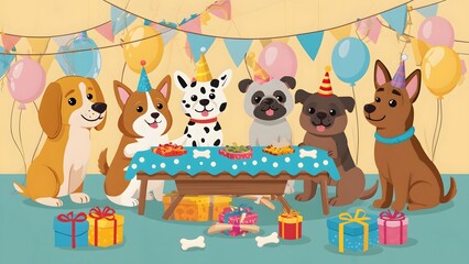 Fototapeta premium Dog Party Celebration Scene with Balloons and Presents