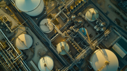 Aerial view of an industrial refinery plant, showcasing modern energy infrastructure and technological progress
