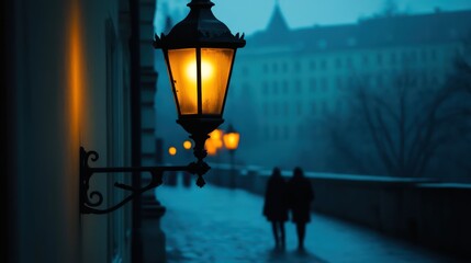 Evening stroll, old city lantern, misty streets