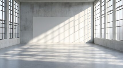 Obraz premium Empty, sunlit concrete interior space with large windows.