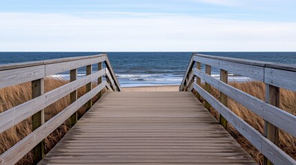 Wooden Beach Walkway to Ocean; Calm Sea