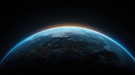 A digitally rendered Earth viewed from space, showcasing a sunlit crescent over a dark, largely cloud-covered surface with city lights visible