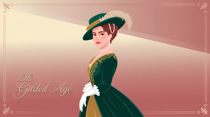 Elegant Gilded Age Woman in Emerald Velvet Gown and Feathered Hat with Gold Embroidery, Flat Design with Rose Gold Cream Background and Script Detail