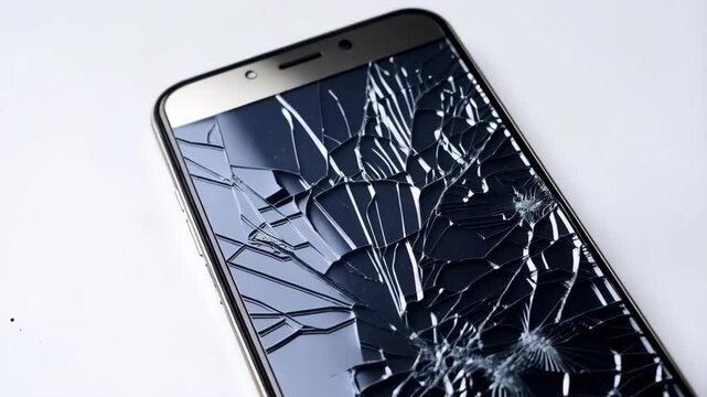 Close-up of a modern broken smartphone display, showing shattered glass damage against a plain white background in a studio setting.