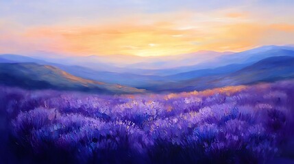 Obraz premium Soft impressionist painting of a flower sea at dusk, lavender and gold hues dominating, dreamy light across hills in the background, gentle wind shown in brush motion.