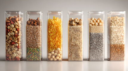 Organized Pantry Variety of Grains, Nuts, and Pasta in Clear Containers