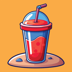 Cartoon drink with straw and lid on a tan surface, orange back