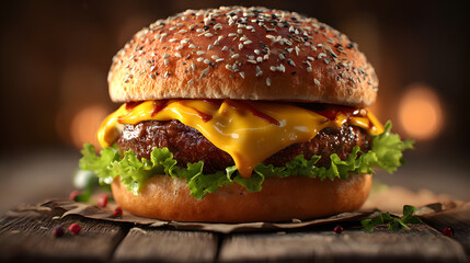 Juicy Cheeseburger on Rustic Wooden Table Gourmet Burger Photography