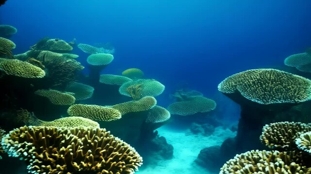 Underwater close up of shimmering silver fish swimming amongst colorful coral reefs in a blue ocean.