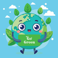 Cartoon earth holding a go green sign with leaves around