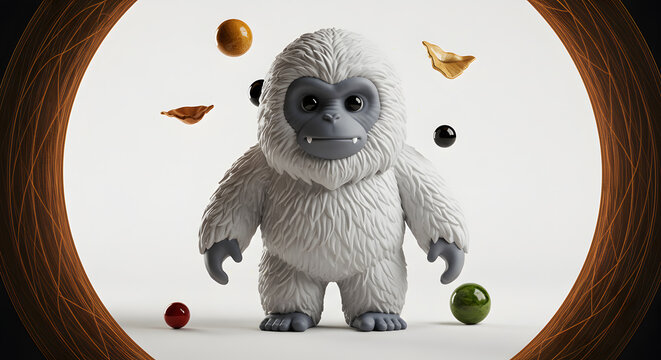 Cute cartoon gorilla with floating objects in a futuristic setting